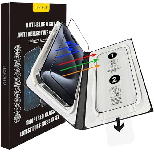 JESOHO Screen Protector for iPhone 15 Pro (6.1 inches) Blue Light Blocking, Anti-Reflective Shatterproof HD Tempered Glass with Easy Installation Tray,Touch Sensitive,9H,2 Pack - Image 1