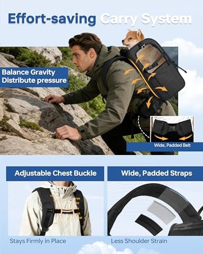 Hiking Dog Carrier Backpack, Padded Height-Enhancing Design, Adjustable Waist Cushioning Belt with Breathable Padded Back Support, Dog Carrier Backpack for Small Dogs Max 13LB Black with Pad - Thumbnail 2