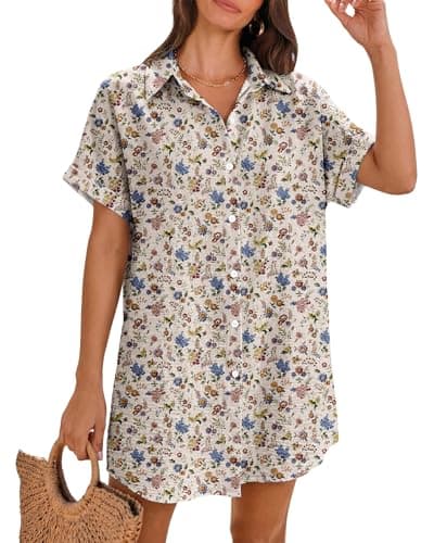 Magritta Womens Plus Size Oversized Short Dress Shirt Dress for Curvy Women Chic Lightweight Breathable Loose Ditsy Floral Beach Dress for Beach Vacation 3XL - Thumbnail 6