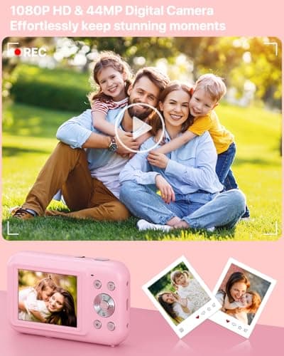 Digital Camera, Kids Camera with 32GB Card, FHD 1080P 44MP Vlogging Camera, 16X Zoom Point and Shoot Digital Camera Compact Portable Rechargeable Cameras for Teens Boys Girls Students Seniors-Pink - Thumbnail 6