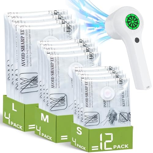 12 Pack Vacuum Seal Bags with Rechargeable Wireless Pump Set, Space Saver Bags Compression Packing Bag for Travel Clothing Clothes - Image 1
