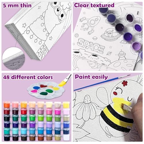 RYRIWOU Pre Drawn Canvas Set 8 Packs Pre-Printed Canvas Acrylic Oil Painting Kit 5x7 inch Canvas with 48 Paints 6 Brushes 2 Easels for Party Favor - Thumbnail 4