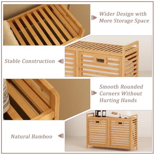 Baveke Bamboo Tilt Out Laundry Hamper with Shelves, Hidden Laundry Hampers with 2 Removable Bag, Pull Out Laundry Hamper Cabinet, Bathroom Storage Shelf for Laundry Room, FSC-Certified, Natural - Thumbnail 6