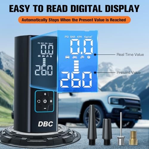 DBC Tire Inflator Portable Air Compressor, 3X Faster Cordless Bike Pump, 20000mAh & 150PSI Portable Air Pump for Car Tires With Digital Dual Values Display for Car, Bike, Motorcycle, Ball - Thumbnail 4