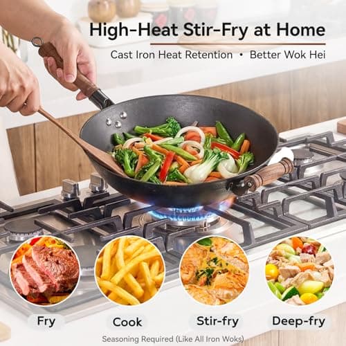 WANGYUANJI Cast Iron Wok Pan with Lid, 14.2 Inch Flat Bottom Uncoated Stir Fry Skillet, Large Heavy Duty Chinese Iron Pot for Family Cooking, Induction & Gas Safe - Thumbnail 6