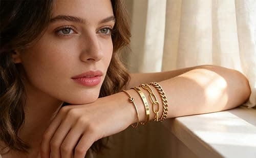 Alegend Bracelets Sets 14K Gold Plated Stackable Bold Link Chains, Romantic LOVE Engraved, Paperclip Cuff, Four-Layered Design - Thumbnail 5