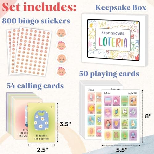 WOODAMORE Baby Shower Games for Girls and Boys - Baby Shower Loteria Bilingual Activities for Kids Ideas, Funny Party Bingo Game Loteria Cards in Spanish and English for 50 Players - Thumbnail 2