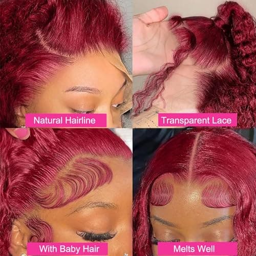 NKTU 30inch Burgundy Lace Front Wigs Human Hair- 99j Deep Wave HD Transparent Lace Frontal Wigs for Women Wine Red Glueless Pre Plucked with Baby Hair 180 Density - Thumbnail 3