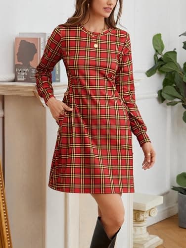 Kikibell Sweatshirt Dress Women Fall Maternity Dress Casual Fall Dresses for Women Red Plaid 2XL - Thumbnail 2