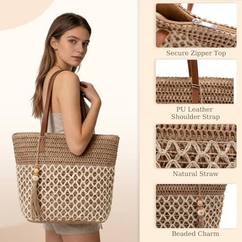 iSamzan Straw Tote Bag for Women: Handwoven Beach Purse with Cutout Design for Travel & Pool Day - Thumbnail 4