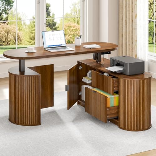Mid Century Modern Electric L Shaped Standing Desk, 59 x 47 Inch Corner Sit Stand Up Desk with File Drawer, 2 Cabinet, Wooden Adjustable Height Computer Executive Desk for Home Office, Walnut - Image 1