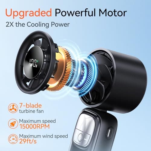 KIMMOO 3-in-1 Portable Handheld Turbo Fan-100 Speeds, 15000 RPM, 10Hrs Cooling, LED Display, 90° Rotation, Small Travel Fan, Mini Foldable Hand Held Personal Fan for Women Men (Black) - Thumbnail 2