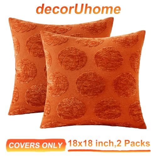 decorUhome Decorative Rust Pumpkin Thanksgiving Throw Pillow Covers 18x18 Set of 2, Soft Chenille Jacquard Farmhouse Textured Pillow Covers for Couch Bed Sofa Autumn Harvest Halloween Holiday - Thumbnail 6