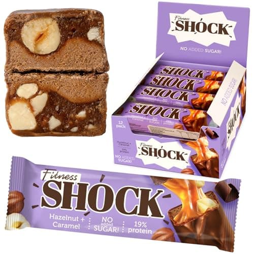 Fitness SHOCK Hazelnut Caramel Protein Bars - No Added Sugar, Low Calorie Low Carb Snack - 10g Protein, 0g Added Sugar, 190 Kcal, 16g Net Carbs - 12 x 50g - Image 1