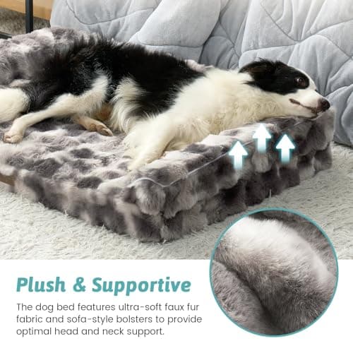 Faux Fur Orthopedic Dog Bed, Extra Large Dog Bed, Supportive Foam Pet Sofa with Waterproof Lining Cover, Washable U-Shaped Pet Couch with Anti-Slip Bottom Design, Tie-dye Grey XXL 48x32x8 inch - Thumbnail 4