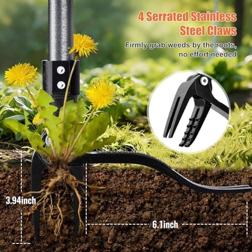 GOXAWEE Metal Stand Up Weed Puller Tool - 45" Garden Weeding Tool with Steel Long Handle & 4-Claw Steel Head - Effortlessly Remove Weeds Without Bending/Kneeling - All Steel Construction - Thumbnail 4