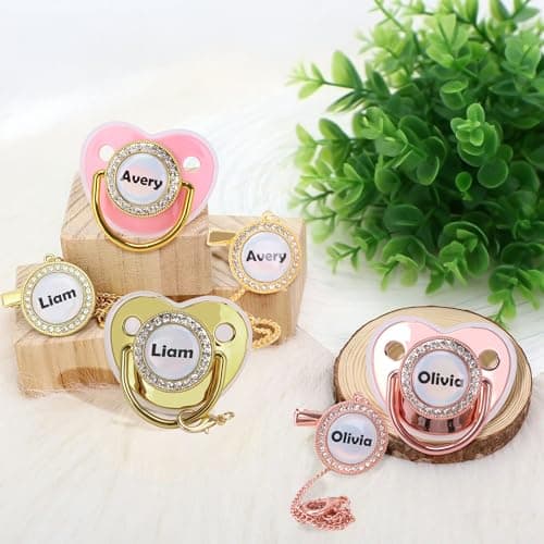 Custom Pacifier with Name, Bling Personalized Pacifier Clip Set with Gift Box Greeting Card, Glitter Crystal Luxurious Soother Dummy Ideal Gift for Girls Baby Shower Newborn Photography(Pink) - Thumbnail 2