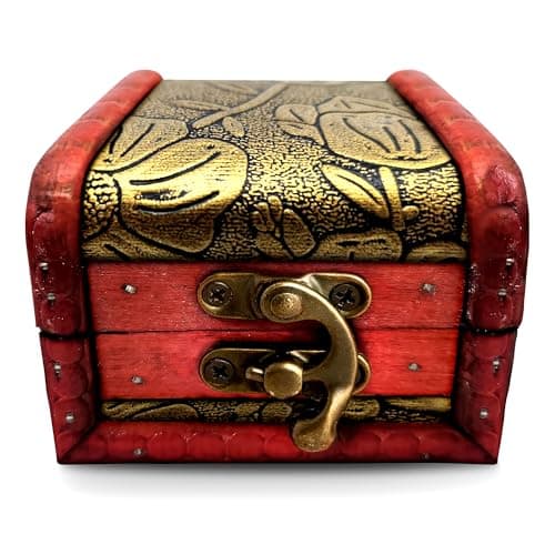 Small Treasure Chest Box - 3.15" x 2.36" x 2.36" Mini Treasure Chest with Vintage Ornament, Decorative Wooden Box with Lid and Hasp Latch, Good for Gifting, DIY-Crafts, and Aquarium Decoration