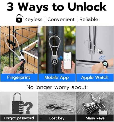 Anweller Fingerprint Cable Lock, 14" Long Shackle Small Padlock, Keyless Entry Biometric Bluetooth Smart Waterproof Combination Pad Lock for Gate Outdoor Fence Fridge Cabinet Locker Pool Bike - Silver - Thumbnail 2
