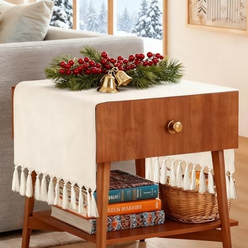 yuboo 36 Inches Boho Nightstand Dresser Cover Top for Bedroom, Short Cream Small Farmhouse Coffee Table Runner , Rustic Table Cover for Bedside Table, End Table, Nightstands, TV, Spring Table Decor - Thumbnail 5