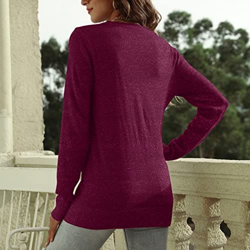 DUTUT Women's Long Sleeve Glitter Tops Crewneck Pullover Sweater Basic Casual Solid Color Tunic Tops Fall Soft Sweater Fuchsia - Thumbnail 4