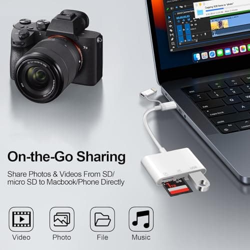 Denlane SD Card Reader for iPhone iPad Mac, USB C and Lightning Dual Interface Memory Card Reader, Digital Camera Adapter to iPhone SD Card Viewer with SD/Micro SD/USB-A 3 Slot, No App Plug and Play - Thumbnail 4