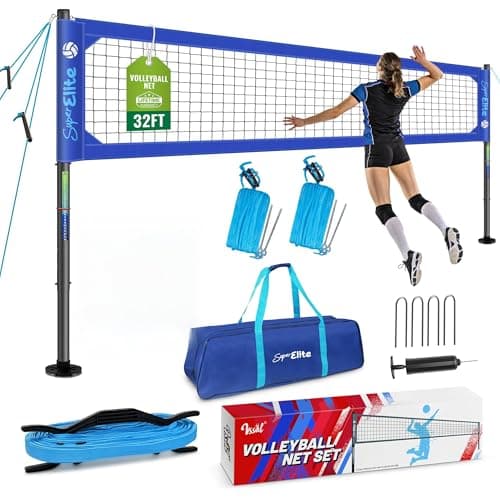 VSSAL Professional Volleyball Net Set Heavy Duty for Outdoor Backyard Portable with Aluminum Scoring Poles, 32ft Regulation Nets System for Tournament, Adjustable Height and Length (Classic Blue) - Image 1