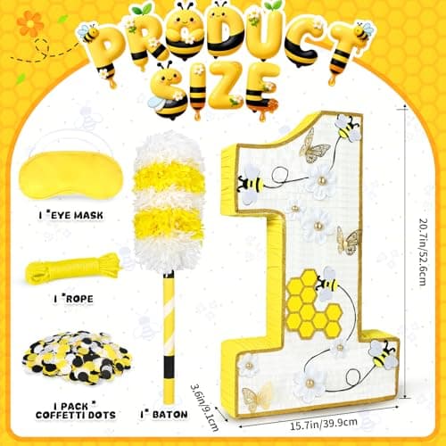 Bee Pinata - Yellow Number 1 Shape, 27 x 16 x 3 In - Honeycomb & Dasiy Accents for First Bee Day Party, Includes 24" Bat Stick, Eye Mask, Rope - Thumbnail 5