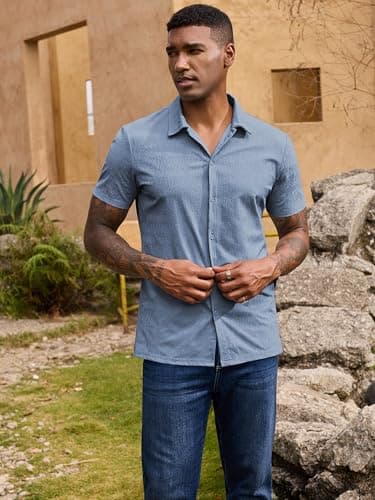 URRU Mens Short Sleeve Dress Shirts Casual Stretch Wrinkle Free Button Down Shirts Beach Summer Tops Deep Blue XXL - Thumbnail 2