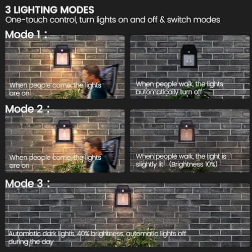 Anricom 4pcs Solar Fence Lights, Motion Sensor Outdoor Light, 3 Lighting Modes Dusk to Dawn Porch Lamp IP65 Waterproof, Outdoor Solar Wall 600LM, 1200mah Suitable for Patios, Porches, Garage (Black) - Thumbnail 5