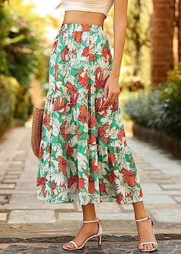 KIRUNDO Maxi Skirts for Women 2026 Summer Boho Floral High Waist Casual Flowy Long Skirt Beach Vacation Cruise Resort Wear(Floral Green Orange, Medium) - Thumbnail 4