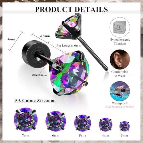 MHWTTY Hypoallergenic Threadless Flat Back Earrings,1 Pairs Cartilage Stud for Women Men Titanium Post 20G None Screw Easy Push in Gold Black Stainless Steel Flatback with CZ 3-7mm (Black, 5mm) - Thumbnail 2