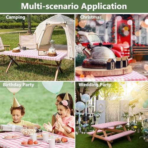 Nimalpal Picnic Table Cover with Bench Covers and Bag, Camping Table Camping Essentials Cover with Elastic Edges(Pink) - Thumbnail 6