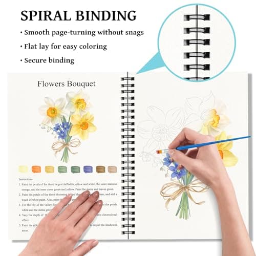 Elfew 2 Pack Watercolor Workbooks Coloring Books, 24 Pages Beginner Friendly Painting Kit, Detailed Steps, 12 Colors Paint Set with Brush, Stress-Relieving Gift for Adults & Women (Animals & Flowers) - Thumbnail 5