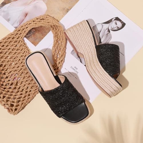 EQAUDES Summer Platform Wedge Sandals Comfortable Dressy Sandals Black Espadrille Sandals for Women Cute Beach Vacation Sandal Woven Straw Raffia Sandal - Thumbnail 2