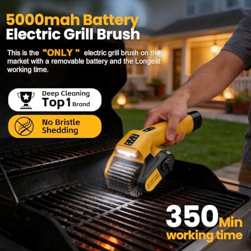 5000mAh 350 Mins Runtime Electric Rotary Grill Brush, 800RPM Powerful Outdoor Automatic Grill Cleaning Brush, 304 Stainless Steel No Bristle Shedding Cordless BBQ Cleaner - Thumbnail 2