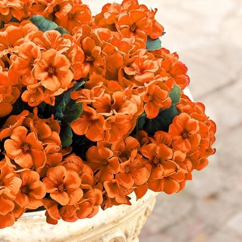 Karlliu Artificial Geranium Flowers for Outdoors: 12 PCS Realistic UV Resistant Faux Red Geranium Silk Flowers for Outdoor Planters Fade Proof Garden Fake Flowers Decor for Outside Porch - Orange - Thumbnail 4
