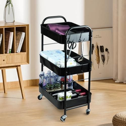 SUNLPH 3-Tier Rolling Utility Cart with Stopper Caster Wheels and 4 Hooks, Easy Assembly, for Kitchen, Bathroom, Living Room, Office (17.7”L x 12.2”W x 29.1”H, Black) - Thumbnail 6