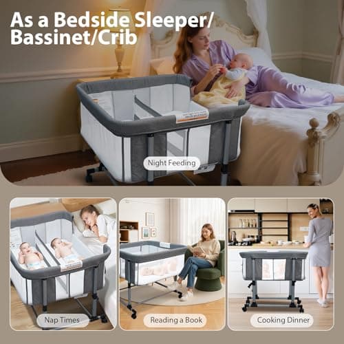 Cheermomo Twin Bassinet for 2 Babies, Double Bassinet for Twins, Baby Bassinet with Wheels, Full-Mesh Sides, 5-Height Adjustable, Portable and Stable Baby Crib for Newborns (Basic Grey) - Thumbnail 2
