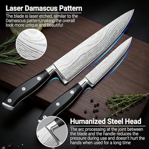 fomidao 2PCS Chef Knife Set, Razor Sharp Japanese Kitchen Knife Set, High Carbon Steel Damascus Pattern Chef's knives, Cooking Knife with Full Tang Handle Design for Home Kitchen - Thumbnail 3