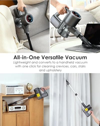 VersLife Cordless Vacuum Cleaner 500W/40KPA/40Mins, Lightweight Stick Vacuum with LED Display and Green Headlights, 6-Stages Filtration, Self-Standing Vacuum for Home Hard Floor Carpet, Silver - Thumbnail 5