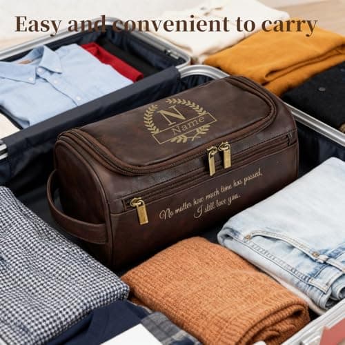 Umitive Personalized Gifts for Men Toiletry Bag, Custom Engraved Travel Dopp Kit with Name Initials, Valentines Gift, Groomsmen & Best Man Gift, Father’s Day, Wedding for Husband (Coffee Brown) - Thumbnail 5