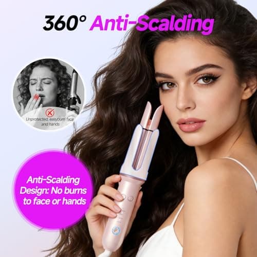 DYHOO Automatic Curling Iron, 4 Temp, 1.25" Rotating Curling Wand for Beach Waves &Loose Curls, Ionic Ceramic Barrel, Anti-Scald&Tangle, Dual Voltage, Pink - Thumbnail 4