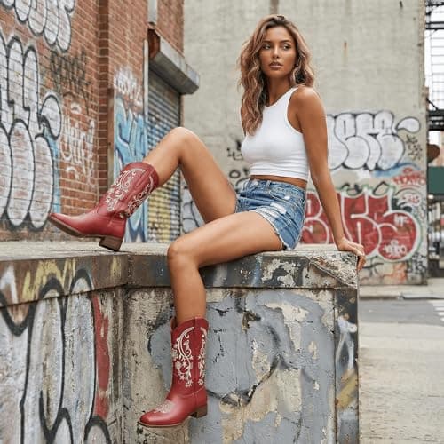 UJPFEO Cowboy Boots for Women Mid Calf Cowgirl Boots Square Toe Pull On Low Chunky Heel Embroidery Western Boots - Thumbnail 6