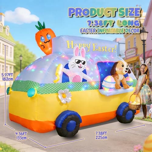 GIFTFIND 7.3FT Long Easter Inflatables Outdoor Decorations - Bunny and Dog Riding Bus, Build-in LED Lights Holiday Blow Up Yard Decoration, for Patio Garden Lawn Party Celebration Decor - Thumbnail 3