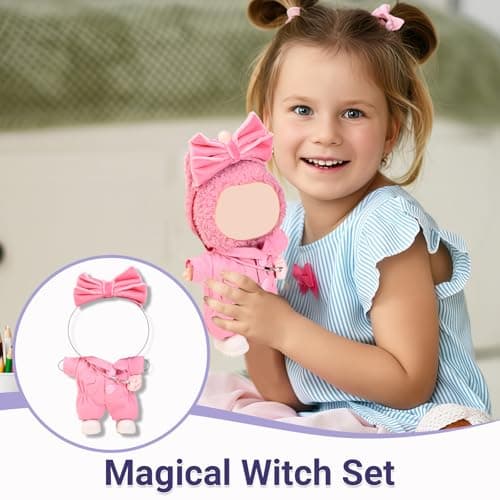 4PCS Pink Kawaii Doll Romper Set Pink Bunny Jumpsuit with Bow Tie for 15-17cm 4 Inch Blind Box Dolls Includes Bow Headwear, Crossbody Bag, One-Piece Workwear and Shoes (NO Doll) - Thumbnail 6