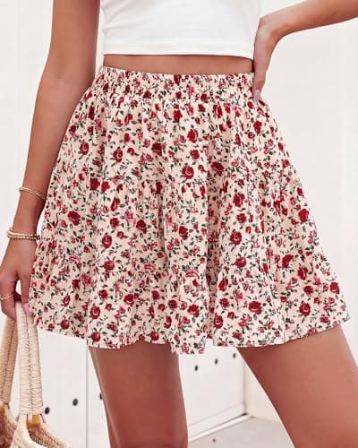 BTFBM Summer Skirts for Women 2026 Floral High Waist Shorts Underneath Boho Tiered Flowy Tennis Skorts Casual Mini Skirt(Floral Apricot Red, Small) - Thumbnail 6