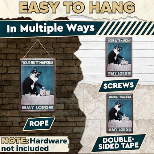 Funny Cat Bathroom Sign – “Your Napkin My Lord” 12 x 8 inch Tin Sign, Rustic Black Cat Wall Decor for Home, Farmhouse Bathroom Metal Plaque, Vintage Cat Wall Art for Toilet or Guest Bath - Thumbnail 6