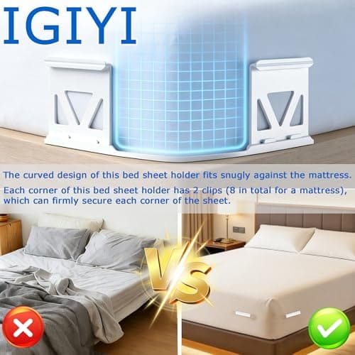 IGIYI Bed Sheet Holders for Corners, 4 Pcs Lock Fitted Sheet Holder Fastener & Bed Sheet Grippers, White Non-Slip Heavy Duty Clips to Keep Sheets Tight, Fits All Mattress Easy Installation - Thumbnail 3