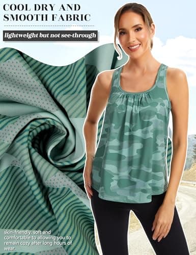 SLIMBELLE Mesh Racer Back Tank Tops Womens Gym Yoga Athletic Workout Tops Round Neck Sleeveless Loose Fit Cami with Built in Bra Green Camo 3XL - Thumbnail 5